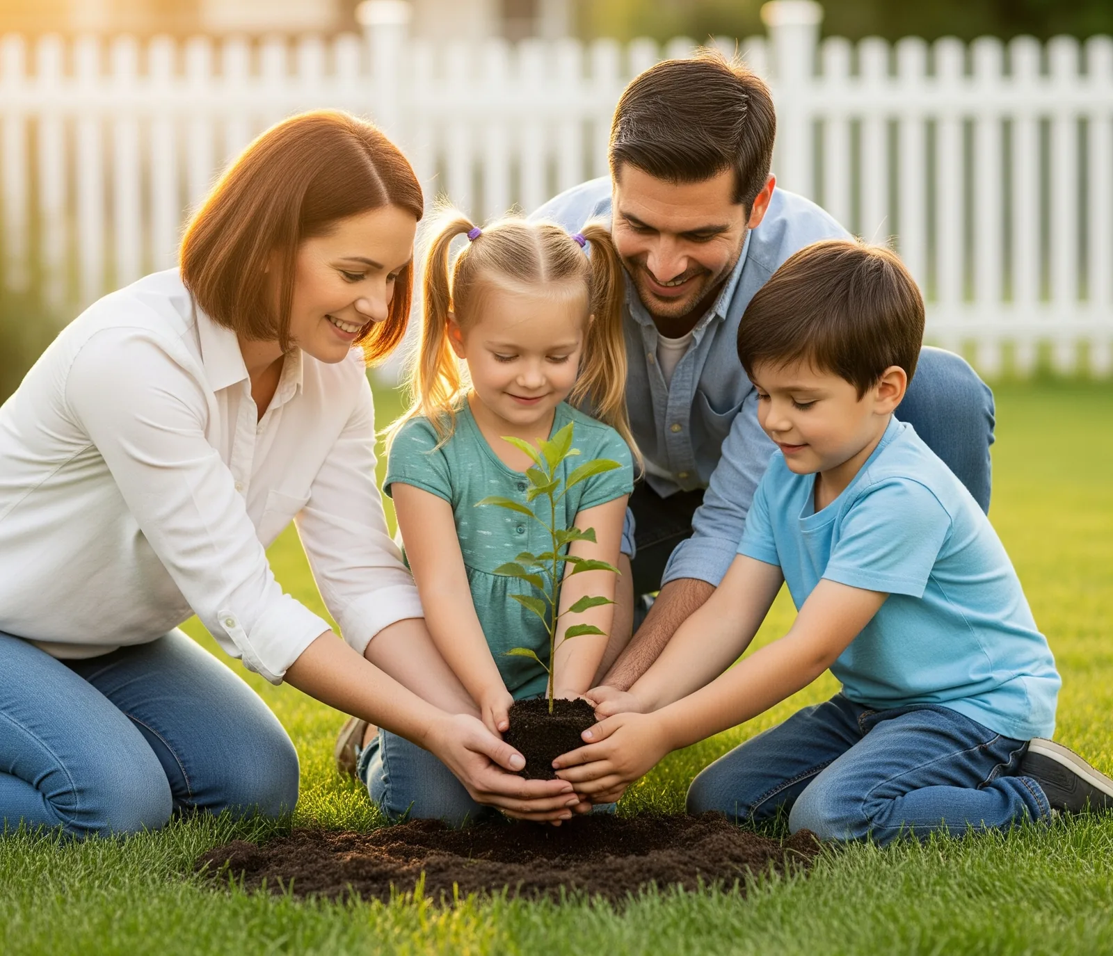 A family planting a tree together at golden hour